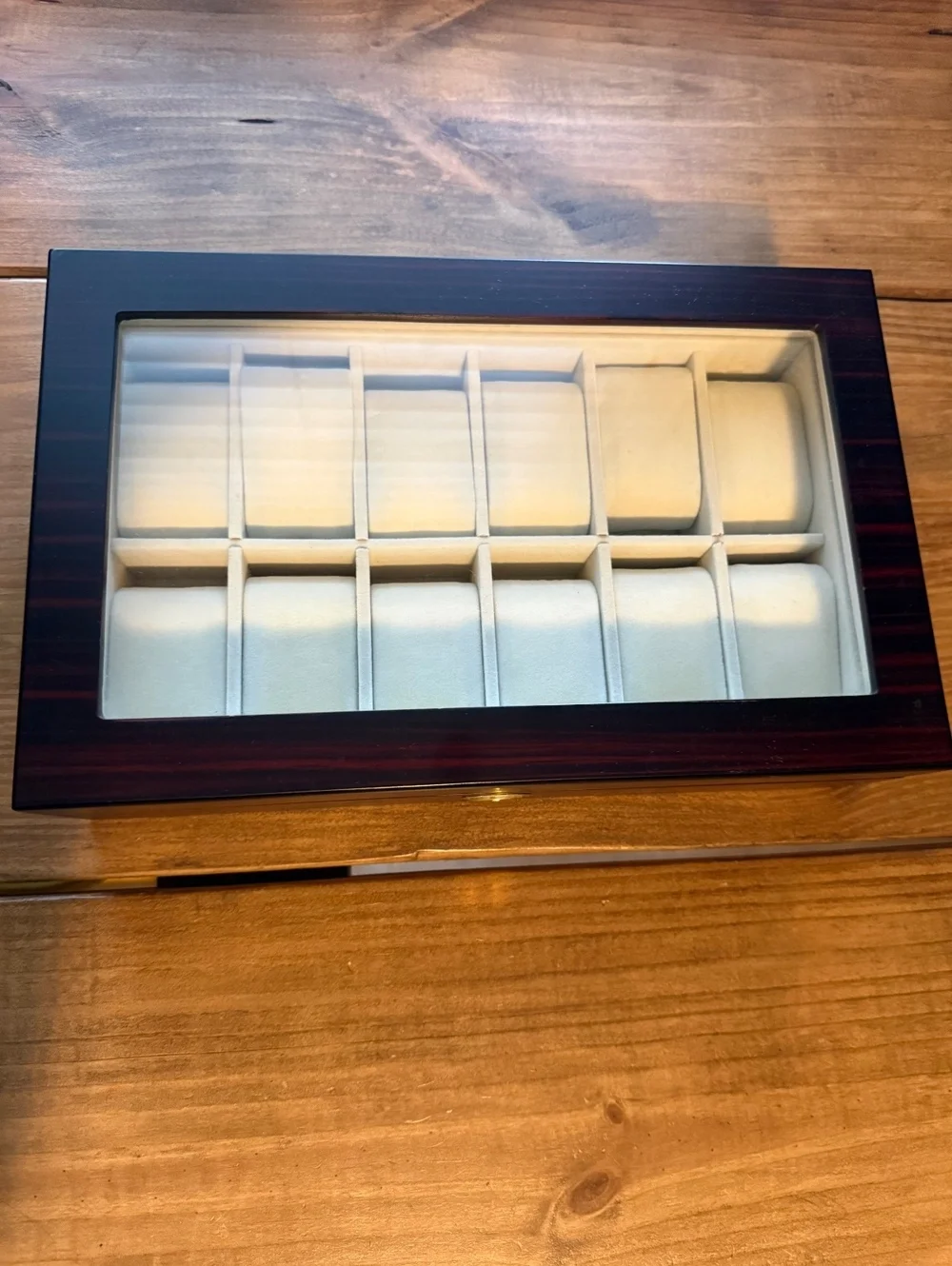 Wooden Watch Storage Box with Glass Lid and Multiple Compartments